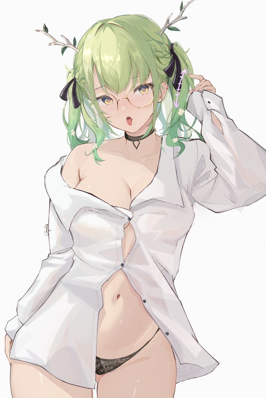 absurdres antlers black_choker black_panties branch breasts ceres_fauna choker chyraliss female flower glasses gluteal_fold green_hair hair_flower hair_ornament hair_ribbon heart heart-shaped_pupils highres hololive hololive_english hololive_english_-council- hololive_english_-promise- large_breasts leaf long_hair naked_shirt navel open_mouth panties partially_unbuttoned revision ribbon round_glasses shirt simple_background single_bare_shoulder solo stomach symbol-shaped_pupils tongue tongue_out two_side_up underwear virtual_youtuber wavy_hair white_background white_shirt yellow_eyes