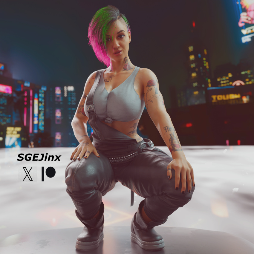 1:1_aspect_ratio 3d 3d_render arm_tattoo blender_(software) blender_cycles blurry chest_tattoo clothed_female clothing cyberpunk cyberpunk_(series) cyberpunk_2077 depth_of_field female female fog footwear green_hair high_resolution judy_alvarez motor_vehicle neck_tattoo neon_lights night_city patreon_username pink_hair sgejinx_(artist) shirt shoes short_hair squatting standing_on_roof tattoo twitter_username van vehicle white_shirt