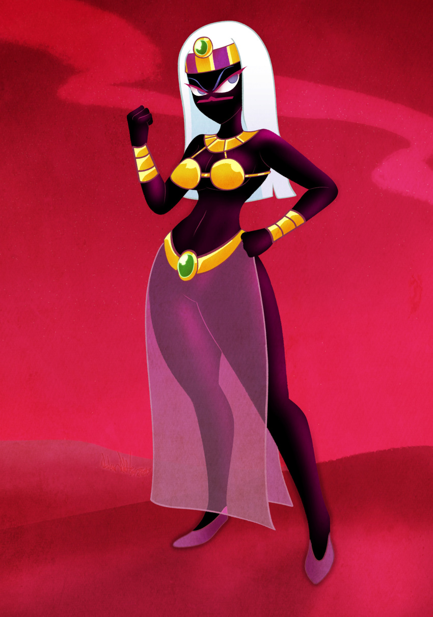 alien alien_girl alien_humanoid bikini_top black_body duck_dodgers facial_mark golden_bikini_top looney_tunes martian martian_(duck_dodgers) purple_eyes purple_shoes purple_skirt queen_tyr'ahnee slit_skirt solo solo_female tagme warner_brothers white_hair