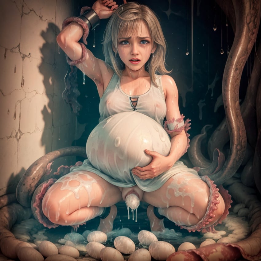 after_oviposition after_tentacle_rape ai_generated birthing blonde_hair blue_eyes crying crying_with_eyes_open cum cum_on_thighs dripping egg_laying gown hand_on_pregnant_belly kingdom_hearts namine pregnant slime stable_diffusion tentacle_pit tentacle_pregnancy tentacle_restraint tentacles this_is_your_life_now wet_clothes wet_skin