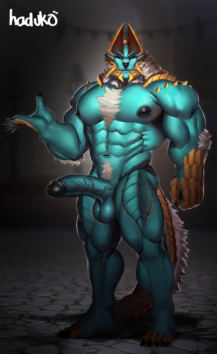 2022 2_horns 5_toes absurd_res anthro areola arm_spikes artist_name balls biceps black_areola black_claws black_sclera blue_eyes blue_scales capcom chest_tuft claws deltoids facial_spikes fanged_wyvern feet finger_claws genitals haduko1 hair hand_on_side hi_res horn looking_at_viewer male monster_hunter muscular muscular_anthro muscular_male muscular_thighs navel neck_tuft open_hand penis pubes rock scales shoulder_spikes solo spikes spikes_(anatomy) standing stone_path toe_claws toes triceps tuft vein veiny_penis white_hair yellow_body yellow_scales zinogre