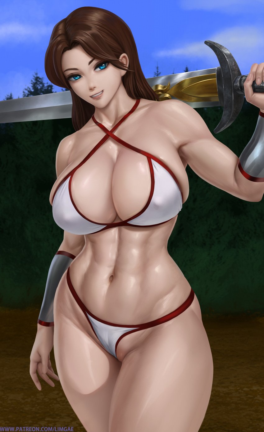 1girls abs absurd_res absurdres big_breasts blue_eyes breasts brown_hair cameltoe cleavage erect_nipples erect_nipples_under_clothes female female_only golden_axe hi_res high_resolution highres large_breasts legs limgae long_hair looking_at_viewer muscular muscular_female navel sega smile solo swimsuit sword tagme thick_thighs thighs toned tyris_flare weapon white_bikini