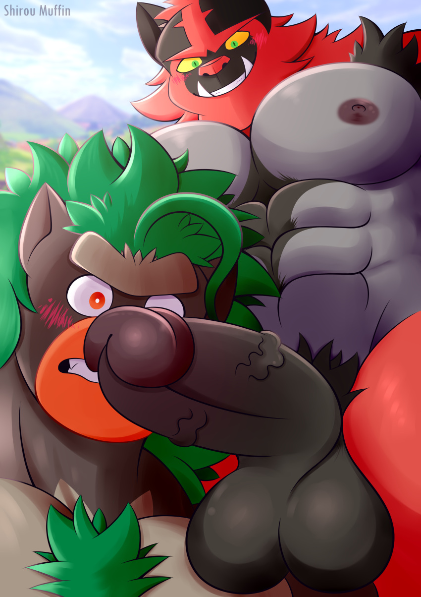 2boys abs absurd_res animal_humanoid anthro balls blush cat_humanoid donkey_kong_(series) felid felid_humanoid feline feline_humanoid gay generation_7_pokemon generation_8_pokemon genitals green_eyes green_hair hair hairy_chest hairy_penis hi_res humanoid incineroar kong looking_at_penis male male/male male_only male_pubic_hair mammal mammal_humanoid muscular muscular_male nintendo nintendo_switch nipples orange_eyes pecs pectorals penis pokemon pokemon_(species) primate pubic_hair red_body rillaboom shirou_muffin solo vein veiny_penis video_games