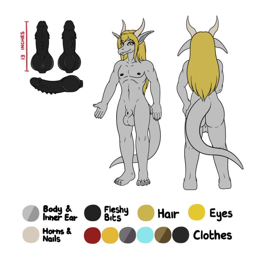 2023 4_toes 5_fingers abs anthro ass balls black_nipples black_penis blonde_hair claws colored dragon dulcine dulcine_(artist) english_text erection feet finger_claws fingers front_view full-length_portrait genitals hair hi_res horn long_hair long_tail male measurements model_sheet navel nipples nude pecs penile_spines penis portrait prick_ears rear_view simple_background solo standing tail text toe_claws toes white_background white_balls white_body white_claws white_ears white_horn white_tail