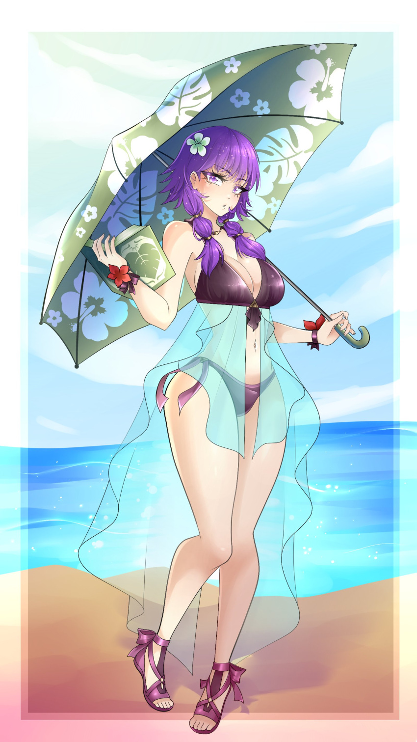 1girls absurdres alternate_costume beach bikini black_bikini black_swimsuit book breasts cleavage commentary english_commentary female female_only fire_emblem fire_emblem:_the_sacred_stones fire_emblem_heroes flower frilled_bikini frills hair_flower hair_ornament highres holding holding_book holding_umbrella kyhsoren looking_at_viewer lute_(fire_emblem) lute_(summer)_(fire_emblem) medium_breasts nintendo ocean official_alternate_costume purple_eyes purple_footwear purple_hair sand sandals sky swimsuit umbrella