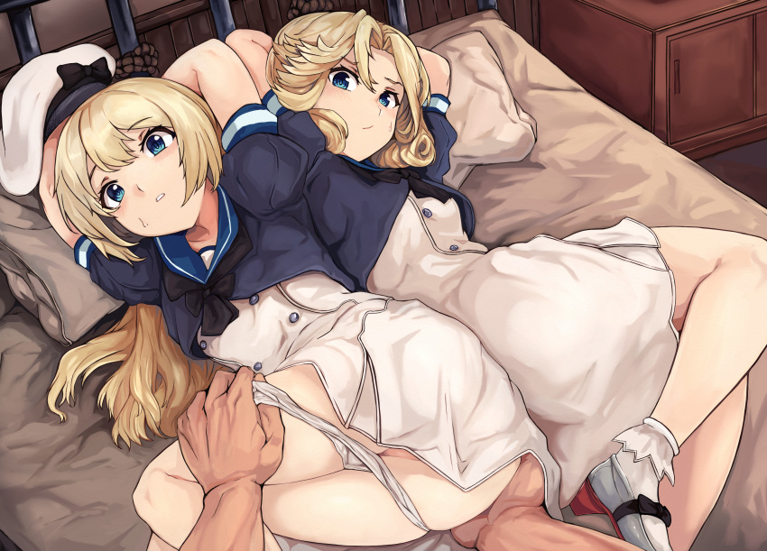 1boy 2girls bed bed_sheet beret blonde_hair blue_dress blue_eyes blue_sailor_collar blush breasts closed_mouth dress hat highres janus_(kantai_collection) jervis_(kantai_collection) jyanen_tanpopo kantai_collection long_hair multiple_girls open_mouth panties panty_pull pillow sailor_collar sailor_dress sailor_hat short_hair short_sleeves small_breasts socks underwear white_headwear white_panties white_socks