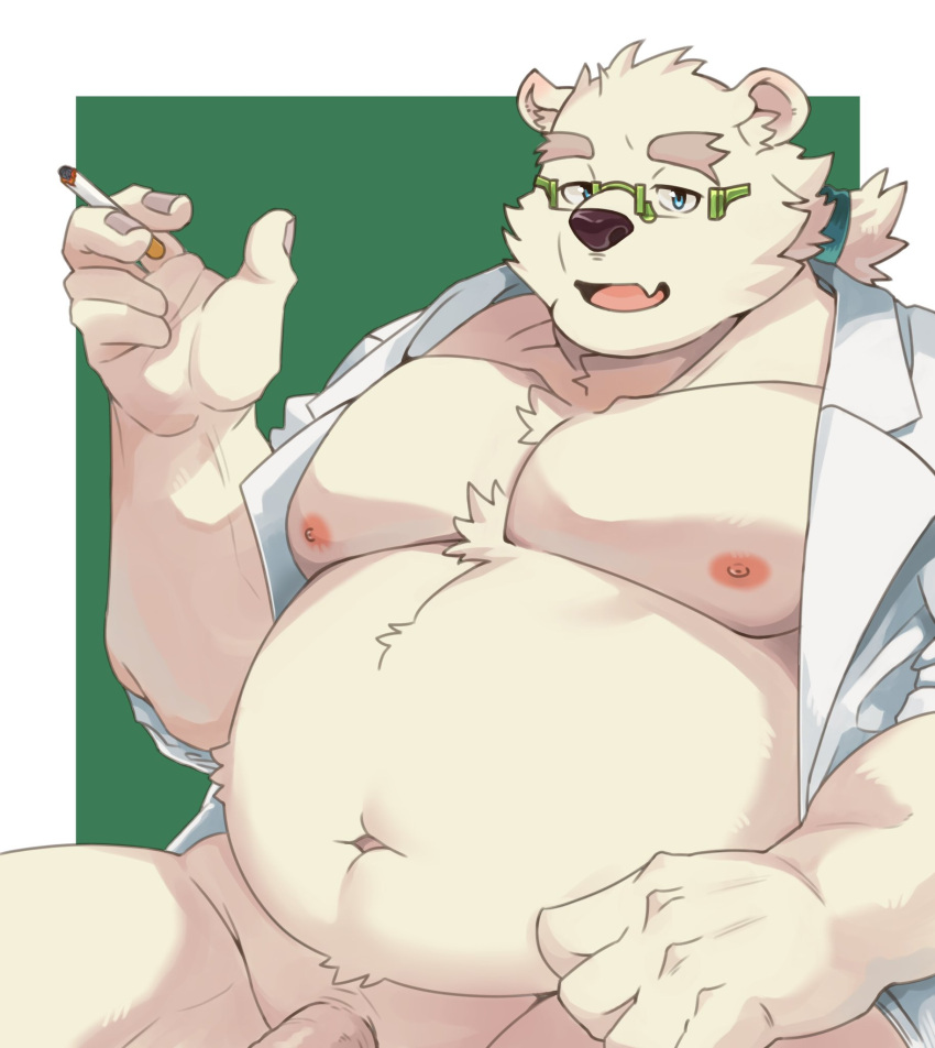 1boy animal_ears bara bare_pectorals bear_boy bear_ears blush bottomless cigarette furry furry_male glasses green-framed_eyewear highres large_pectorals leib_(tokyo_afterschool_summoners) looking_at_viewer male male_focus male_only mature_male muscular muscular_male nipples oerba_yun_fang open_clothes open_shirt out-of-frame_censoring pectorals penis_out_of_frame plump shirotoki_(qdng0atngbaqmce) short_hair skin_fang smile solo stomach thick_eyebrows tokyo_afterschool_summoners