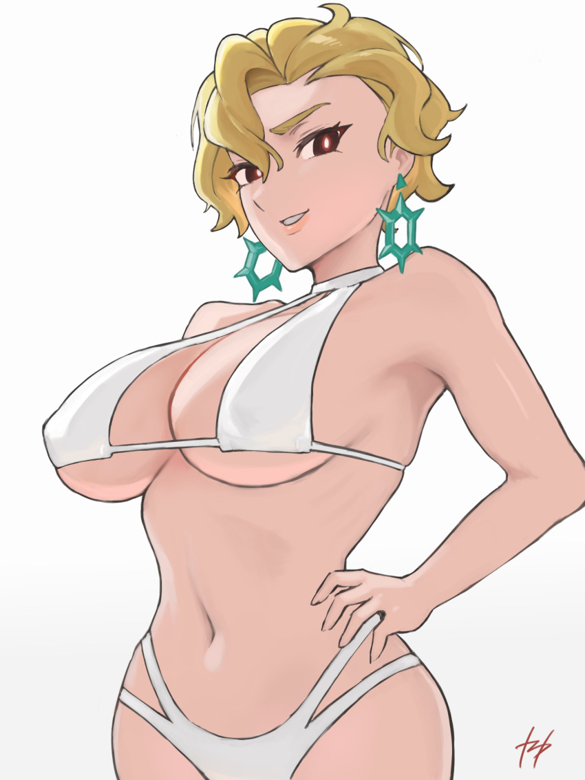 1girls alternate_breast_size big_breasts bikini blonde_hair breasts briar_(pokemon) busty cleavage curvaceous curvy curvy_female curvy_figure earrings female fukuya_art game_freak huge_breasts large_breasts nintendo pokemon pokemon_(game) pokemon_sv short_hair swimsuit voluptuous