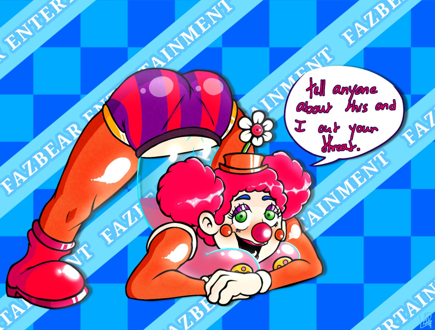 1girls 2d 2d_(artwork) big_ass big_breasts big_butt button_nipples buttons clown clown_girl clussy five_nights_at_freddy's fnaf freddy_fazbear's_pizzeria_simulator fruit_punch_clown huge_ass huge_breasts jack-o_pose loogi_black solo text text_bubble