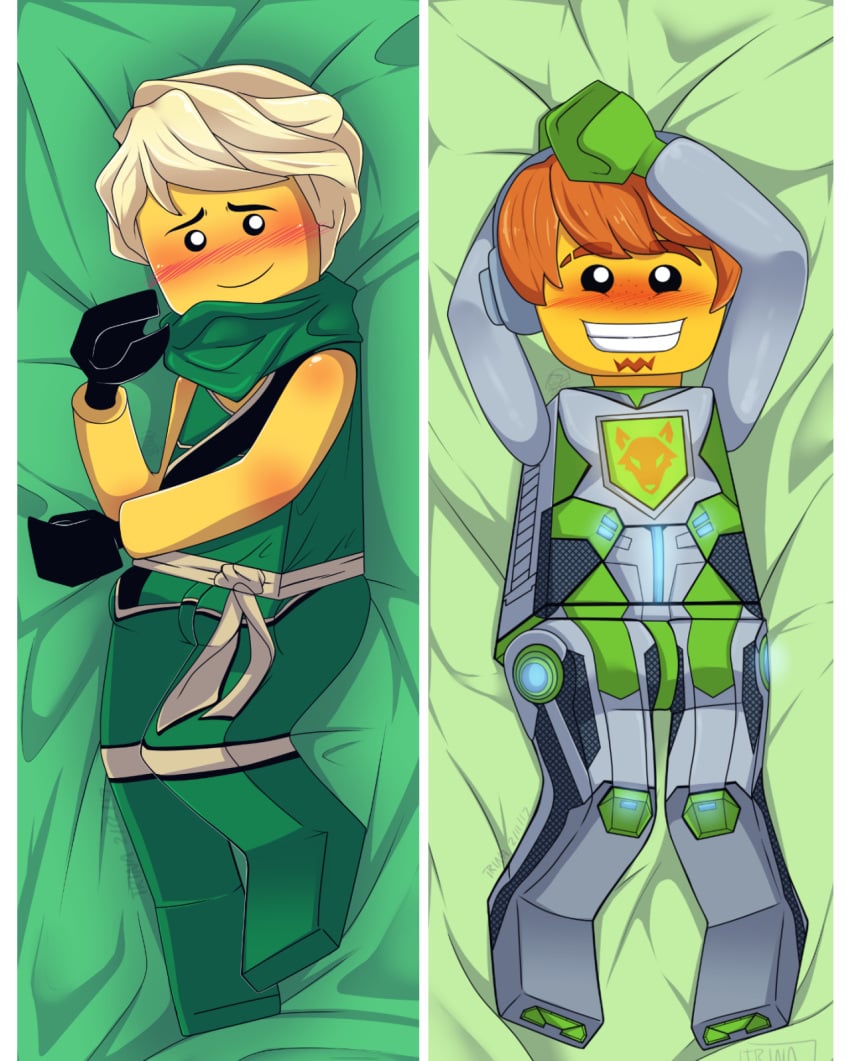 aaron_fox_(nexo_knights) blonde_hair blonde_male body_pillow dakimakura_design lego lego_anatomy lloyd_garmadon male_only nexo_knights ninjago on_back on_bed orange_beard orange_hair orange_hair_male small_beard tagme tournament_of_elements_(ninjago) trashetta