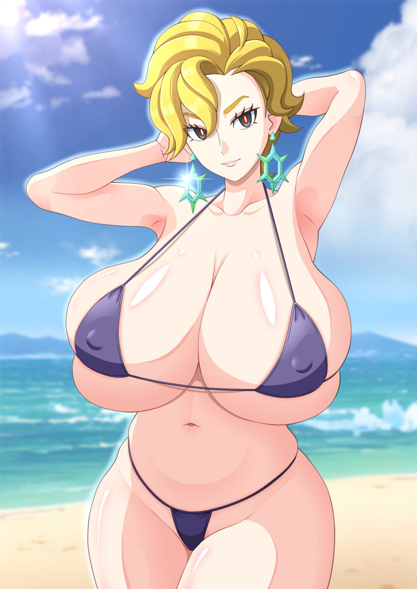 1girls alternate_breast_size arms_behind_head beach big_breasts bikini bikini_top blonde_hair breasts briar_(pokemon) busty curvaceous curvy curvy_female curvy_figure earrings female game_freak hands_behind_head huge_breasts large_breasts nintendo pokemon pokemon_(game) pokemon_sv s.forest short_hair skimpy string_bikini thick_thighs voluptuous wide_hips