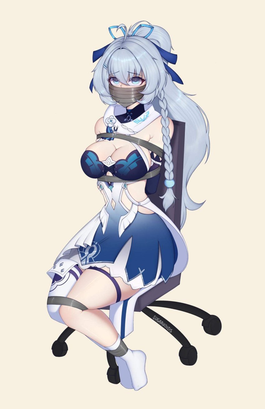 blue_dress blue_eyes blue_hair blush bondage bondage_chair chair cleavage cute cute_expression cute_face distress dress female flustered girly helpless honkai_(series) honkai_impact honkai_impact_3 honkai_impact_3rd hoyoverse huffing kidnapped kidnapping looking_at_viewer looking_up ponytail restrained ribbon ribbons scared scared_expression scared_face shigure_kira shy sitting sitting_on_chair sugarvoids tape tape_gag taped_arms taped_legs taped_mouth taped_to_chair twintails unable_to_speak