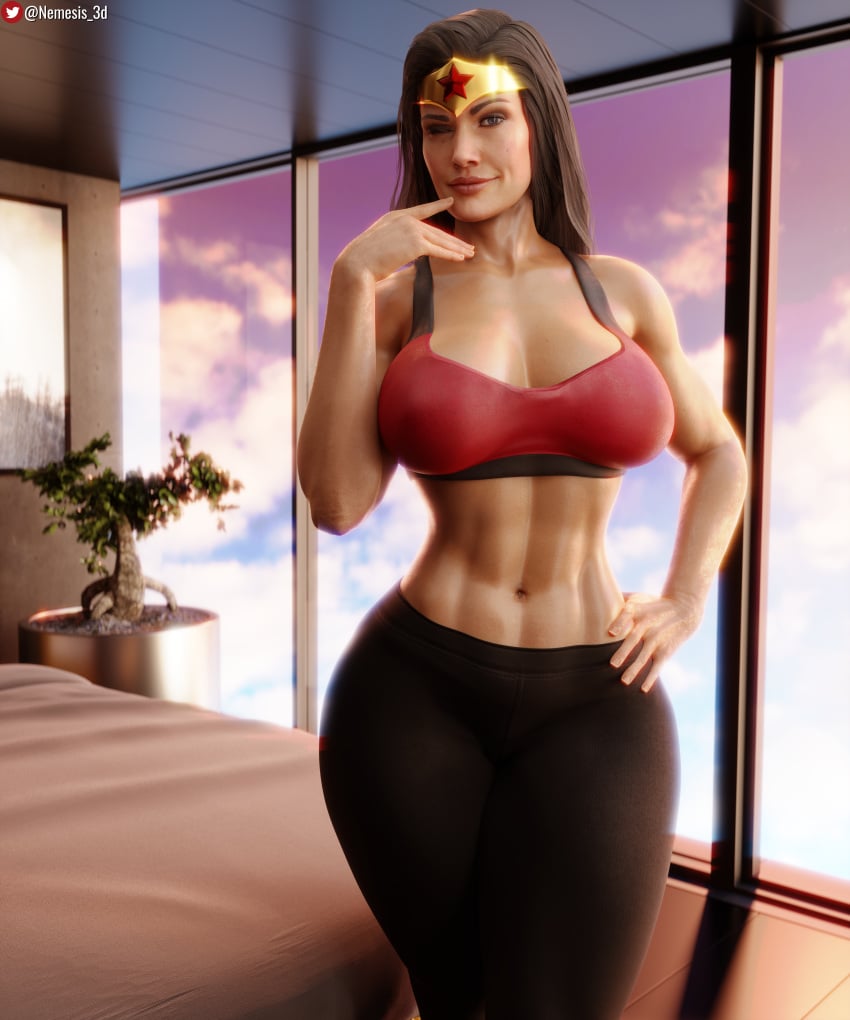 1girls 3d absurd_res big_breasts breasts dc dc_comics diana_prince female female_only fit fit_female hi_res highres injustice_2 nemesis_3d shiny_skin solo sports_bra standing thick_thighs thighs wink wonder_woman wonder_woman_(series) yoga_pants