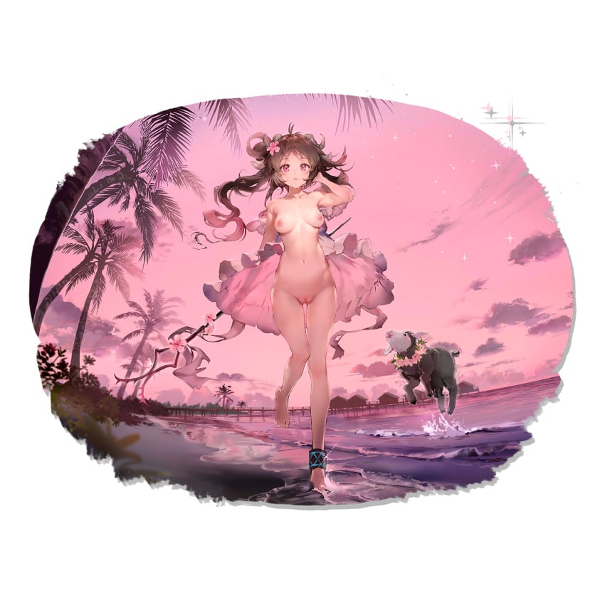 1girls animal_ears anklet anmi areolae arknights bare_shoulders barefoot beach blush breasts brown_hair clouds dusk edit edited evening eyjafjalla_(arknights) eyjafjalla_(summer_flowers)_(arknights) feet female female_only flower_in_hair game_cg hairless_pussy highres hips horns infection_monitor_(arknights) kemonomimi knees_together_feet_apart legs light-skinned_female long_hair magenta_eyes medium_breasts multicolored_hair navel nipples nude_filter official_art official_artwork_edit open_mouth palm_tree pink_eyes pink_sky pussy sandstar749 sea seaside shaved_pussy sheep sky solo standing standing_in_water standing_on_one_leg stomach thighs third-party_edit transparent_background vagina waist water