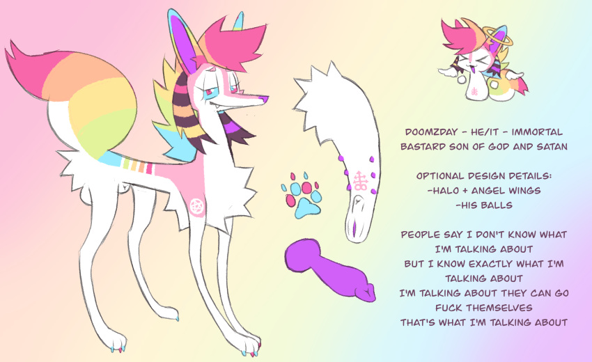 animal_genitalia animal_penis anus canid canine_genitalia canine_penis chibi english_text eunuch fangs feral fur genitals hi_res knot labbit1337 male mammal model_sheet multicolored_body multicolored_fur penis profanity rainbow_body rainbow_fur solo sparkledog teeth text