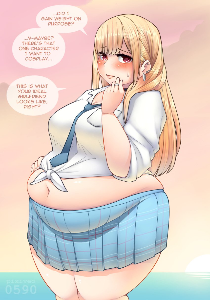 bbw belly_overhang big_belly big_breasts big_female blush chubby chubby_female embarrassed fat fat_ass fat_female fat_fetish fat_girl fat_woman fatty kitagawa_marin large_female obese obese_female overweight overweight_female pixiveo plump pork_chop sono_bisque_doll_wa_koi_wo_suru sweatdrop thick_thighs weight_gain