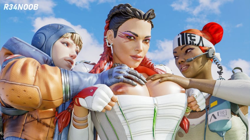 3d 3d_(artwork) 3girls apex_legends ass big_ass big_breasts blonde_hair braided_hair braided_twintails breasts chocolate_and_vanilla cleavage clothed dark-skinned_female dark_skin female female_only hands_on_breasts interracial lifeline_(apex_legends) light-skinned_female light_skin loba_(apex_legends) r34noob red_hair respawn_entertainment revealing_breasts shiny_skin sweaty sweaty_ass tagme thick_ass thick_thighs wattson_(apex_legends) yuri