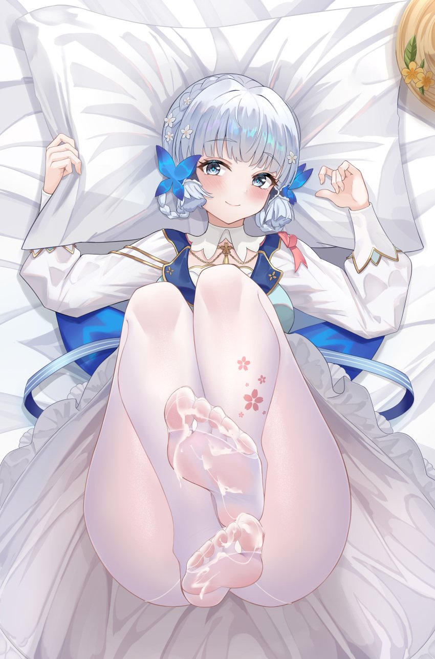 absurdres bed_sheet blue_eyes blunt_tresses blush brown_headwear butterfly_hair_ornament chinese_commentary closed_mouth collar commentary_request cum cum_on_body cum_on_clothes cum_on_feet dress feet female flower foot_fetish frilled_dress frills from_above full_body genshin_impact gold_trim hair_flower hair_ornament hair_rings hat hat_flower hat_removed head_on_pillow headwear_removed highres kamisato_ayaka kamisato_ayaka_(springbloom_missive) legs legs_up long_sleeves looking_at_viewer lying mole mole_under_eye no_shoes official_alternate_costume official_alternate_hairstyle on_back pantyhose pillow pillow_grab presenting_foot puffy_long_sleeves puffy_sleeves revision see-through see-through_legwear smile soles solo styx thighs toes white_collar white_flower white_hair white_pantyhose