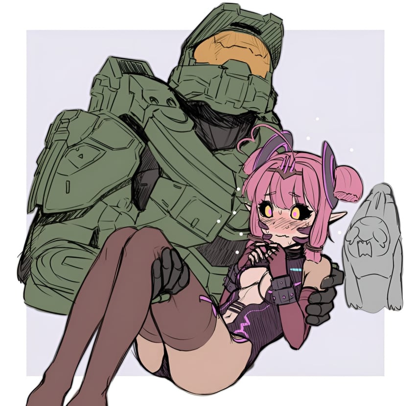 1girls 2boys 2boys1girl armor armored_male ass blush blushing breasts bridal_carry bsapricot character_request clothing covenant female halo_(series) helmet human_male male master_chief pink_hair pointy_ears skimpy_clothes skimpy_outfit small_breasts smaller_female sweatdrop thighhighs thighs unggoy yellow_eyes