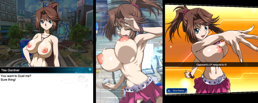 bimbo bimbofied bouncing_breasts breasts breasts_out brown_hair female game_mod gigantic_breasts huge_breasts huge_nipples jewelry large_areolae looking_at_viewer mazaki_anzu mod necklace nipples ponytail rochestedorm skirt tea_gardner topless yu-gi-oh! yu-gi-oh!_duel_links yu-gi-oh!_duel_monsters