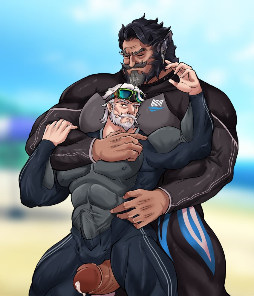 2boys animal_ears bara beard between_pectorals black_bodysuit blue_bodysuit bodysuit bulge caressing commission couple covered_nipples cum cumdrip dadee_(da_ddy22) diving_suit erection erection_under_clothes facial_hair feet_out_of_frame girthy_penis goggles goggles_on_head head_between_pecs height_difference highres large_pectorals male_focus mature_male multiple_boys muscular muscular_male old old_man original pectorals penis penis_size_difference short_hair size_difference standing strongman_waist taut_clothes thick_eyebrows thick_mustache thick_thighs thigh_sex thighs uncensored wetsuit yaoi