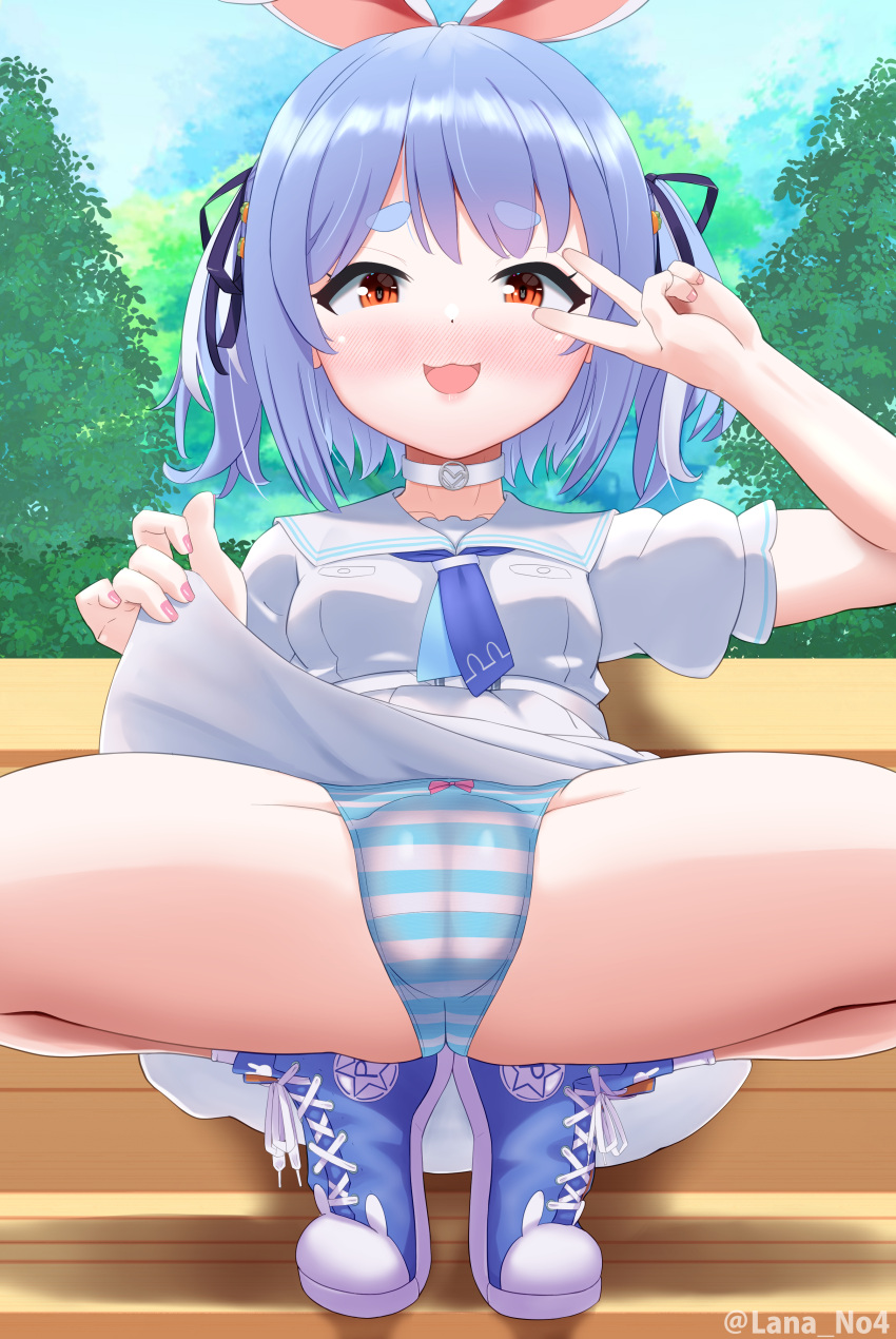 absurdres blue_hair blush cameltoe choker cleft_of_venus clothes_lift converse dress dress_lift hair_ribbon highres hololive hololive_fantasy hololive_japan lanano panties rabbit_ears rabbit_girl ribbon sailor_dress shoes sneakers striped striped_panties underwear usada_pekora virtual_youtuber