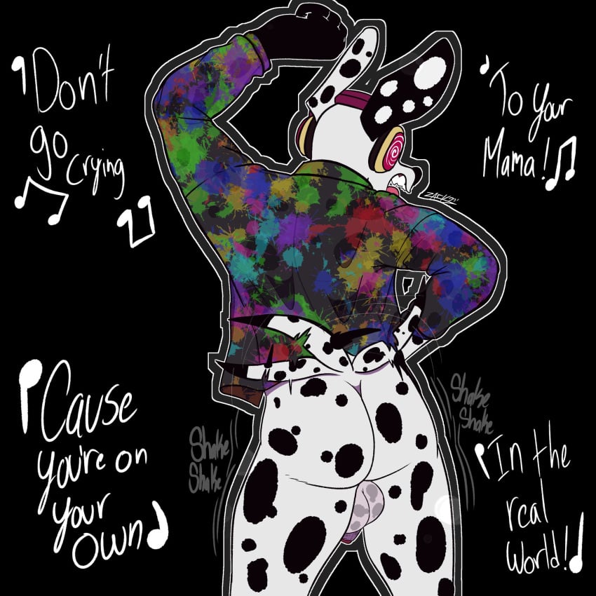 1:1 1boy 2023 ain't_it_fun anthro ass ass_focus backsack balls black_background black_body black_ears black_fur black_nose black_tail bottomless bottomless_anthro bottomless_male canid canine canis clothed clothed_anthro clothed_male clothing coat dalmatian dancing danny_(zackdadawg) domestic_dog english_text exclamation_point fist flaccid floppy_ears foreskin fur gay genitals grey_outline gums headgear headphones hi_res long_ears lyrics male male_only mammal motion_lines multicolored_body multicolored_ears multicolored_fur multicolored_tail musical musical_note open_mouth outline penis pink_tongue portrait pose presenting presenting_balls presenting_hindquarters presenting_penis raised_arm raised_tail shadow shaking_butt sharp_teeth short_tail simple_background solo song sound_effects standing tail tail_motion tailwag teeth text thick_thighs tongue topwear white_body white_ears white_fur white_tail zackdadawg