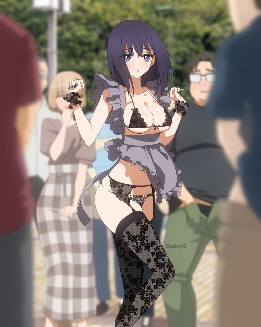 2girls 4boys :o absurdres apron black_bra black_panties black_thighhighs blurry blurry_background blurry_foreground bra breasts cosplay day dress felipe_godoy grey_apron hands_up highres implied_masturbation kitagawa_marin kuroe_shizuku_(cosplay) lingerie male_masturbation masturbation medium_breasts multiple_boys multiple_girls open_mouth outdoors panties purple_eyes purple_hair solo_focus sono_bisque_doll_wa_koi_wo_suru thighhighs underwear