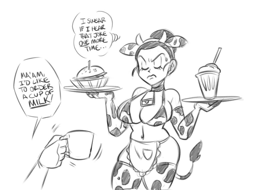 1girls apron big_breasts black_and_white breasts burger chichi cow_ears cow_girl cow_horns cow_tail cowbell dragon_ball dragon_ball_super dragon_ball_z funsexydragonball gloves milkshake monochrome plates sweatdrop thighhighs