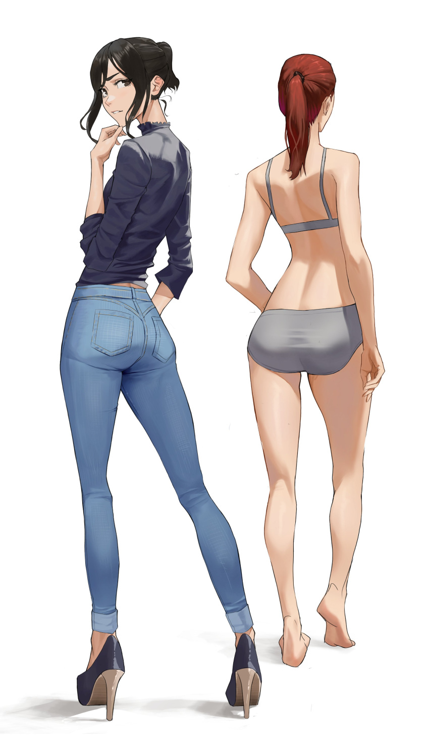 ass barefoot black_hair bra feet high_heels jeans legs panties red_hair tagme tail tbocart tight_clothes