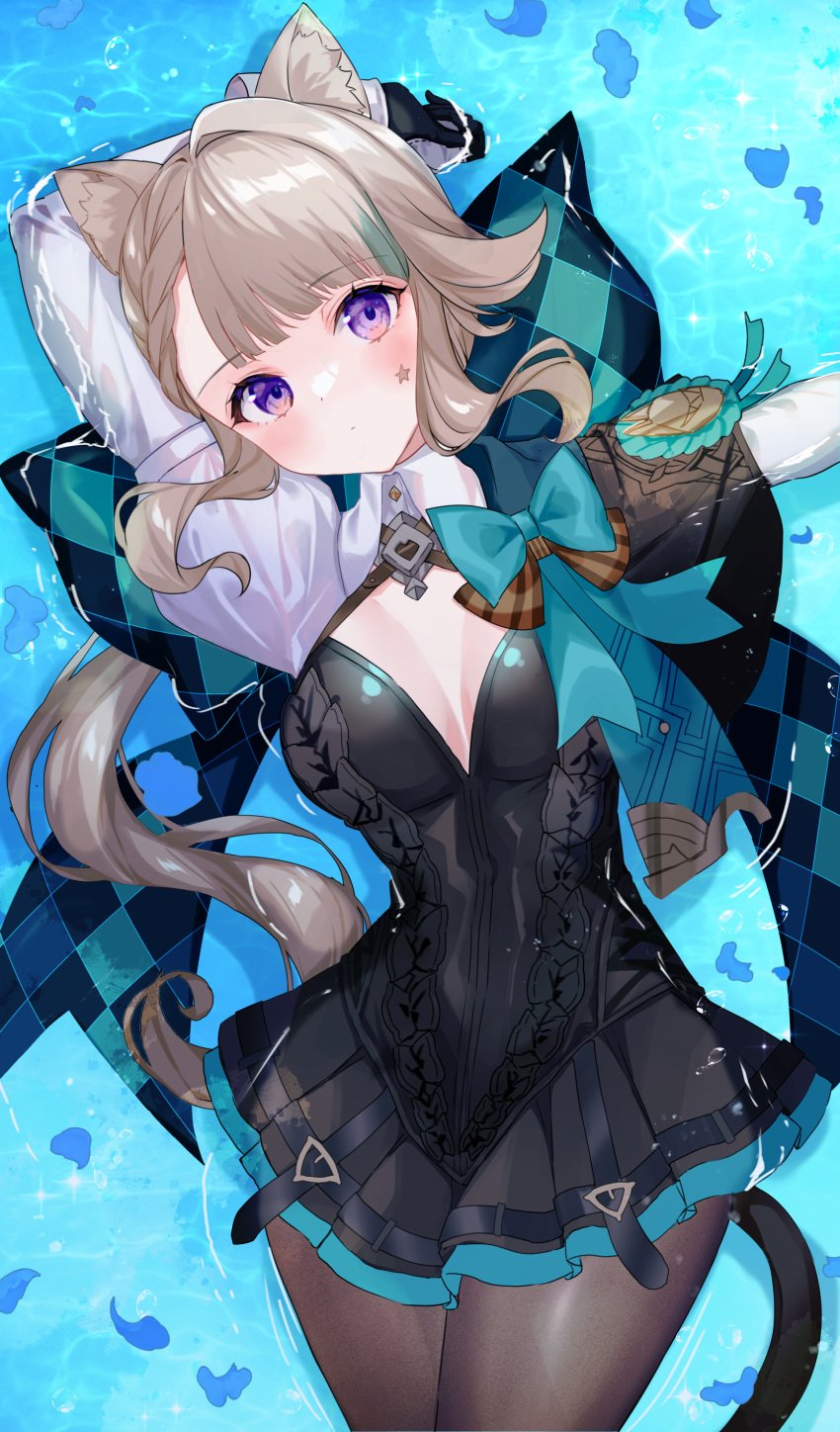 1girls absurdres animal_ear_fluff animal_ears aqua_bow blonde_hair bow breasts cat_ears cat_girl cat_tail cleavage closed_mouth facial_mark frilled_leotard frills genshin_impact gloves grey_hair hairbow highres huge_bow leotard long_hair long_sleeves looking_at_viewer lying lynette_(genshin_impact) medium_breasts miyakoto on_back pantyhose purple_eyes solo star_(symbol) star_facial_mark tail two-tone_gloves