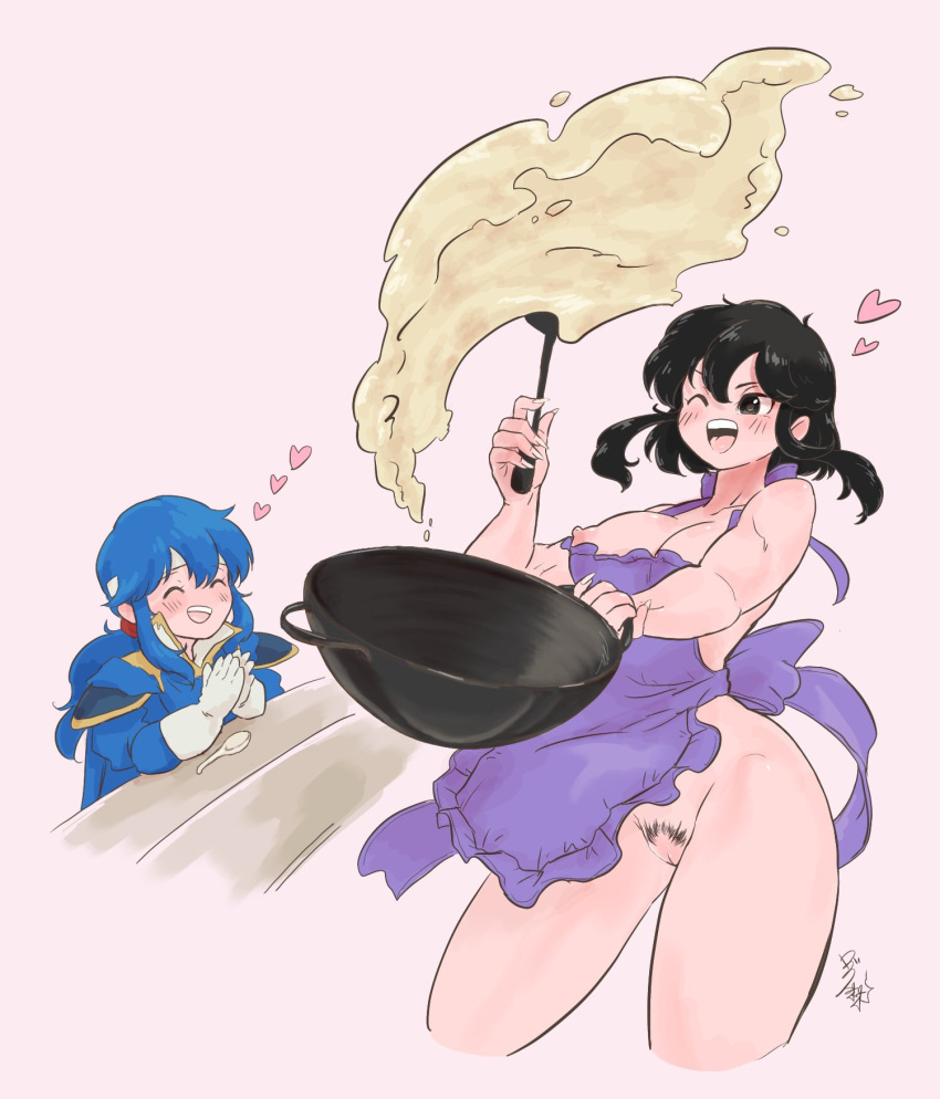 1boy 1girls apron bad_source black_hair blue_hair breasts clapping cooking counter female female_focus female_pubic_hair fingernails fire_emblem fire_emblem:_genealogy_of_the_holy_war flipping_food food frilled_apron frills heart highres holding holding_ladle ladle larcei_(fire_emblem) long_fingernails male meme naked_apron nintendo nipples nude one_eye_closed open_mouth pubic_hair pussy rice_wave_(meme) seliph_(fire_emblem) sideboob simple_background smile solo_focus spoon ta_dasu_(tadasu_hayashi) wok