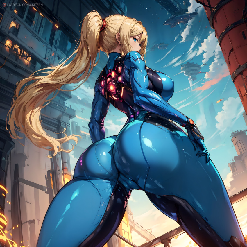 1girls ai_generated ass athletic athletic_female bangs big_breasts blonde_hair blue_bodysuit blue_eyes bodysuit from_behind from_below futuristic futuristic_clothing impossible_bodysuit light-skinned_female light_skin metroid outdoors ponytail pussy_visible_through_clothes samus_aran shiny_clothes skizzen solo thighs thin_waist tight_clothing walking wide_hips zero_suit zero_suit_samus