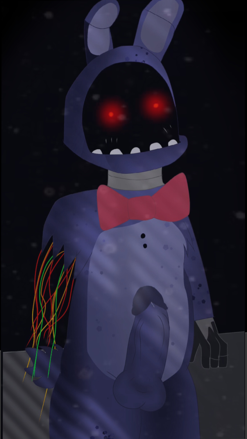 2d 2d_(artwork) animatronic anthro artist_request black_background blue_body bonnie_(fnaf) bow_tie bunny chubby dick dust five_nights_at_freddy's five_nights_at_freddy's_2 furry glowing_eyes huge_cock lighting male_focus male_only pyxill scottgames tagme uncensored uncensored_penis withered withered_bonnie