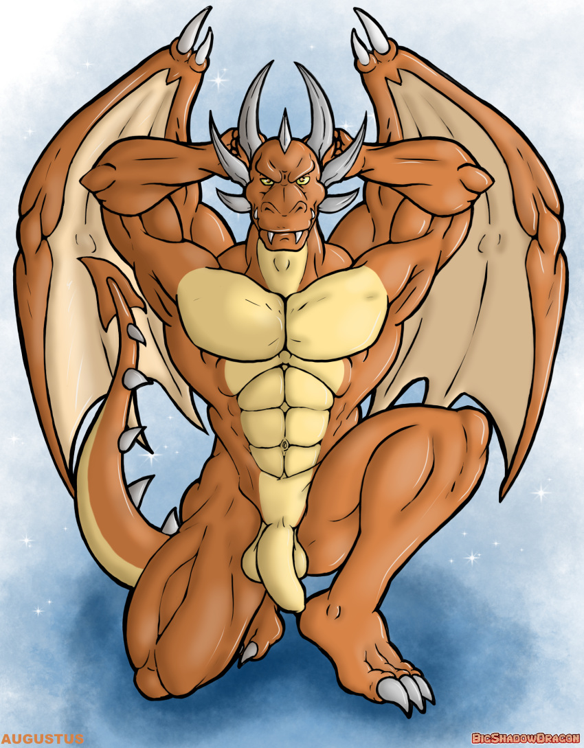 abs anthro balls barefoot biceps bigshadowdragon casual_nudity claws dragon feet foreskin genitals hi_res horn humanoid_genitalia humanoid_hands humanoid_penis looking_at_viewer male muscular muscular_anthro muscular_male navel nude pecs penis reptile scalie simple_background solo tail wings