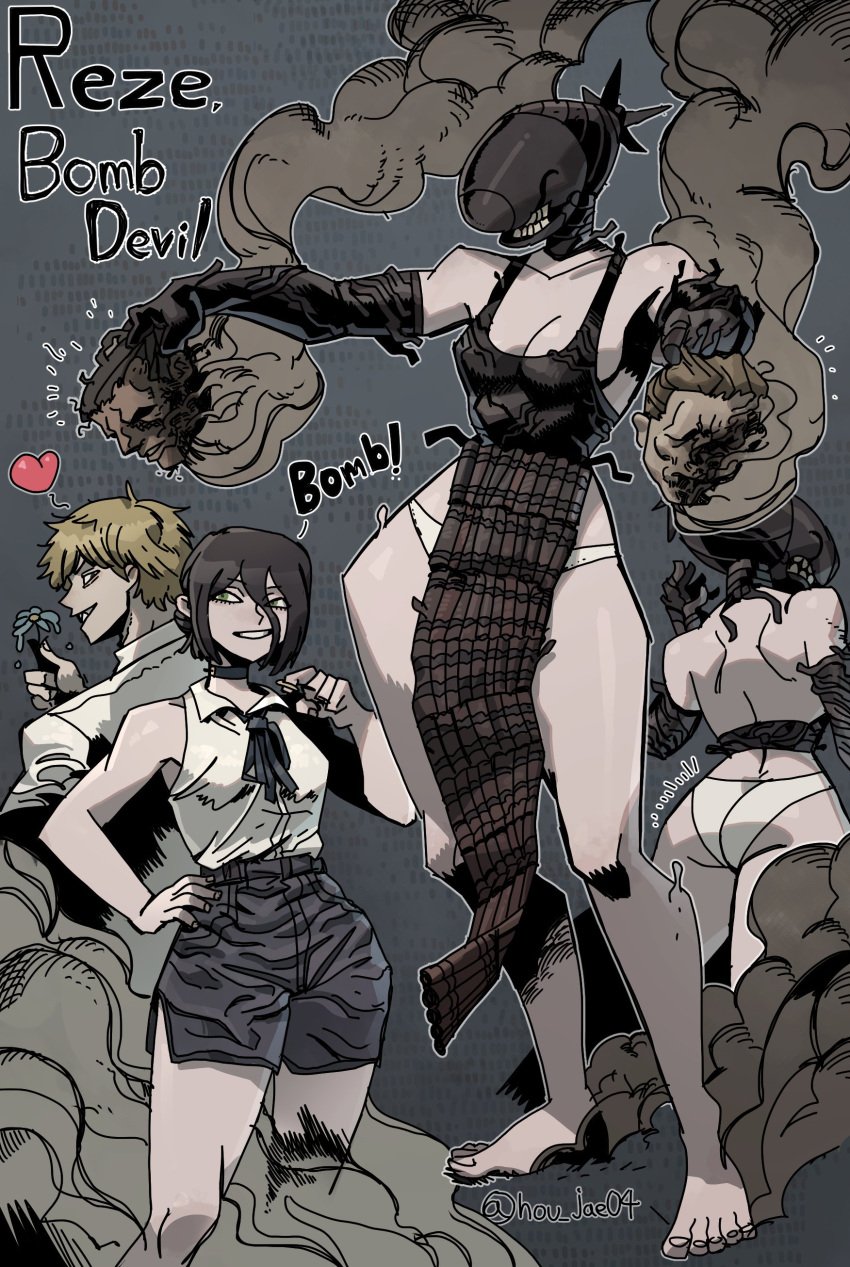 1boy 1girls 2023 ass big_ass black_clothes black_hair black_legwear black_shorts chainsaw_man choker collar decapitated_head decapitation denji_(chainsaw_man) eyelashes female flower goes_hard green_eyes hair_tied hair_tied_back hands_on_hips hands_on_legs hands_on_thighs hou_jae04 legwear looking_back medium_breasts medium_hair naughty_face panties purple_hair reze_(chainsaw_man) seductive seductive_look seductive_smile short_hair short_shorts shorts sleeveless sleeveless_shirt standing tagme tank_top tanktop thick_thighs thighs