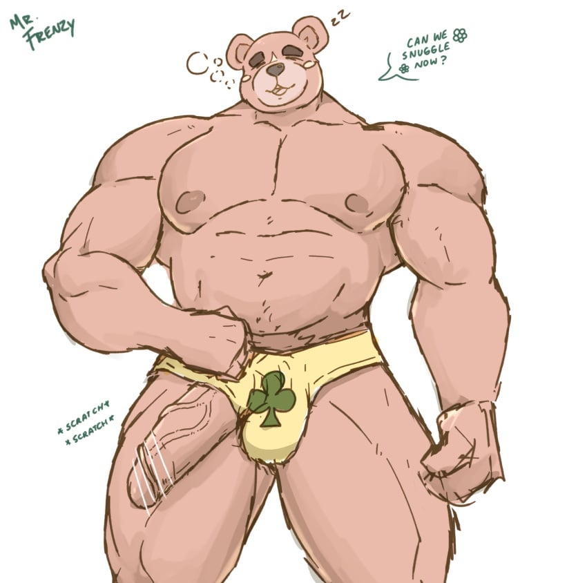 animal_crossing anthro balls bara bara_tiddies bara_tits barazoku bear big_penis boner censored_penis erection furry male male_only mr._frenzy muscles muscular nintendo overweight penis penis_out solo solo_male teddy_(animal_crossing) underwear underwear_only ursid