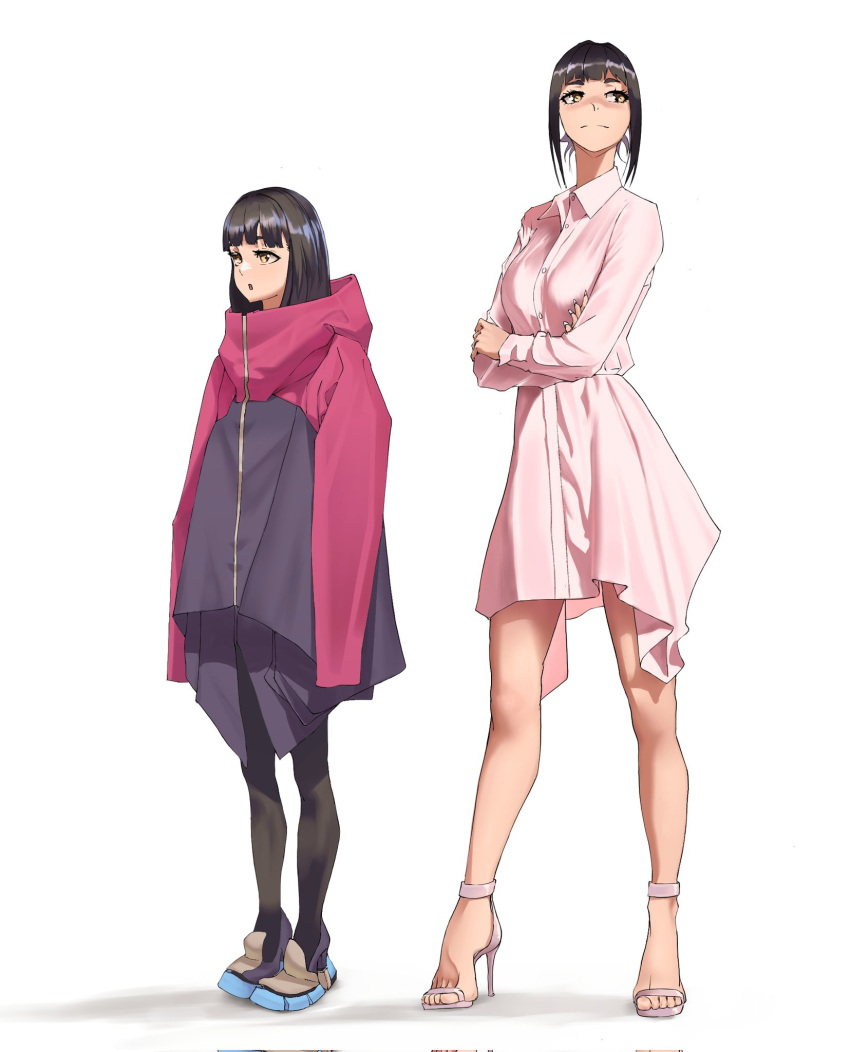 2girls bob_cut clothed clothed_female clothing crossed_arms feet female high_heels jacket legs long_dress long_legs looking_away short_hair tall_girl taller_girl tbocart