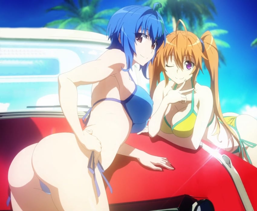 2girls ass bikini blue_bikini blue_hair breasts car cleavage collarbone demon_girl green_hair hand_on_own_hip high_school_dxd high_school_dxd_hero highres huge_ass large_breasts long_hair looking_at_viewer motor_vehicle multicolored_hair multiple_girls one_eye_closed orange_hair passione_(company) purple_eyes screencap screenshot shidou_irina side-tie_bikini_bottom sideboob smile stitched streaked_hair swimsuit thighs third-party_edit thong thong_bikini twintails v vehicle xenovia_quarta yellow_bikini yellow_eyes