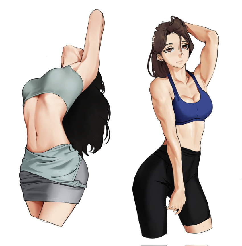 2girls belly_button black_hair breasts brown_hair long_hair medium_hair slim_waist sports_bra sports_shorts sportswear tagme tbocart