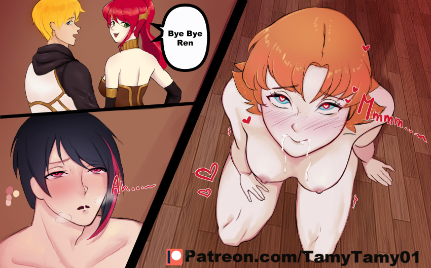 2boys 2girls black_hair female human jaune_arc lie_ren male multiple_boys multiple_girls nora_valkyrie orange_hair pale_skin pyrrha_nikos rwby tagme tamytamy01 team_jnpr text