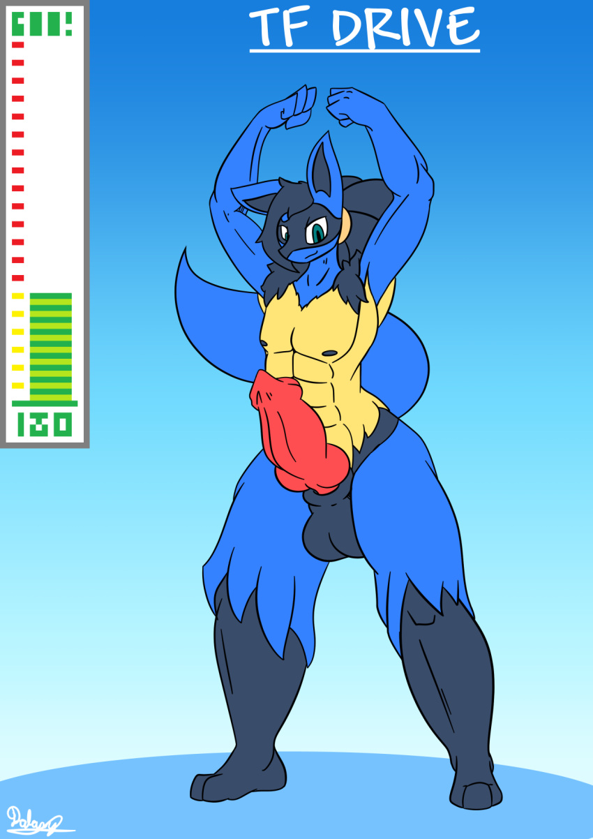 after_transformation anthro bangs d-6alaxy flexing food fruit generation_4_pokemon genitals hair hi_res knot legacy_(linkthehero5555) lucario male mature_male muscular nintendo nut_(fruit) pecs penis plant pokemon pokemon_(species) ponytail smile smirk solo tail transformation