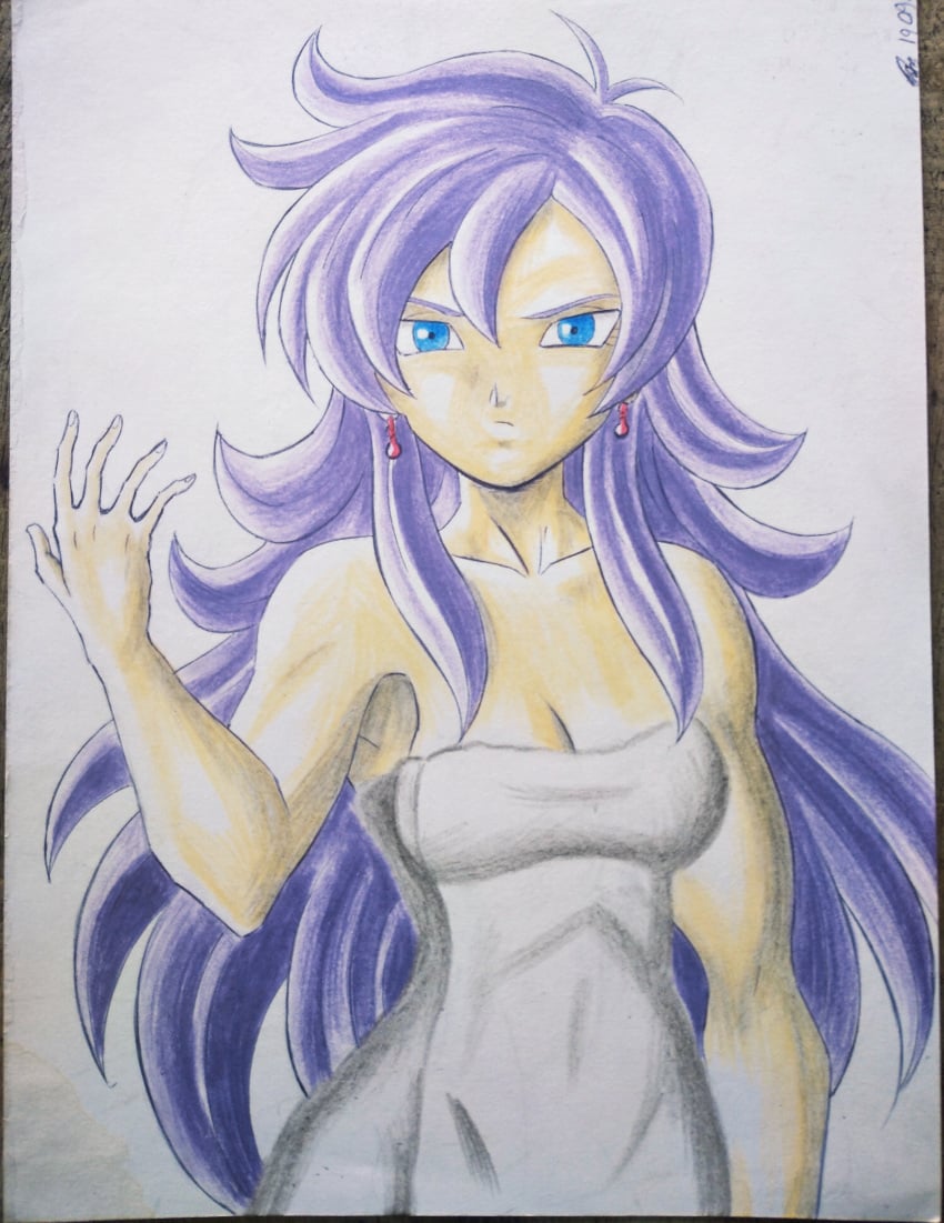 ahoge akira_toriyama_(style) alien alien_girl alien_humanoid anime_style armpits belly belly_button blue_dragon blue_dragon_(series) blue_eyes blue_nipples blue_skin curly_hair curvy_body curvy_female curvy_figure cute cute_eyes cute_face delphinium_(blue_dragon) female hands-free happy_female hips lavender_hair legs long_hair naked naked_female nipples no_human no_safe no_safe_for_work no_sex nude nude_female pendant small_breasts tagme torso towel towel_only traditional_drawing_(artwork) traditional_media_(artwork) traditional_painting_(artwork) white_towel yamidanight