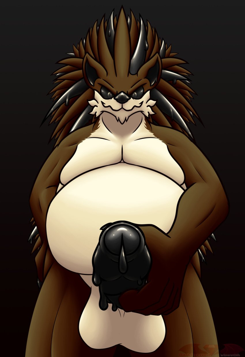 >:) 2021 5_fingers anthro balls belly black_claws black_eyes black_penis black_quills black_sclera brown_body brown_fur brown_quills cheek_tuft chin_tuft claws darkoverord digital_media_(artwork) dripping erection eulipotyphlan facial_tuft fingers first_person_view foreskin fur genitals gradient_background hedgehog hi_res holding_penis humanoid_genitalia humanoid_penis liquid_latex low-angle_view male mammal muscle_tone no_pupils overweight overweight_anthro overweight_male partially_retracted_foreskin penis rubber rubber_creature simple_background smile smiling_at_viewer smirk smirking_at_viewer solo submissive submissive_pov tuft viewer_pov white_balls white_belly white_body white_fur