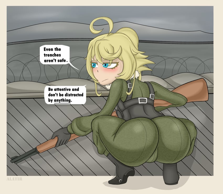 1girls alatir ass ass_focus big_ass blonde_hair dialogue english_text female female_only gun holding_weapon large_ass looking_at_viewer military military_uniform solo spread_legs squatting talking_to_viewer tanya_degurechaff text thick_thighs uniform war weapon youjo_senki