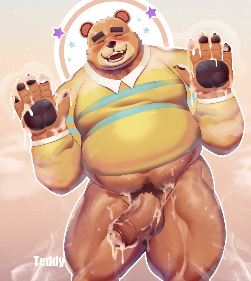 animal_crossing anthro balls bear blush boner closed_eyes cum cum_on_hands cum_on_penis dsharp_k erection furry hands hands_up male male_only musk nintendo overweight pantsless penis shirt solo solo_male sweat sweating teddy_(animal_crossing) ursid