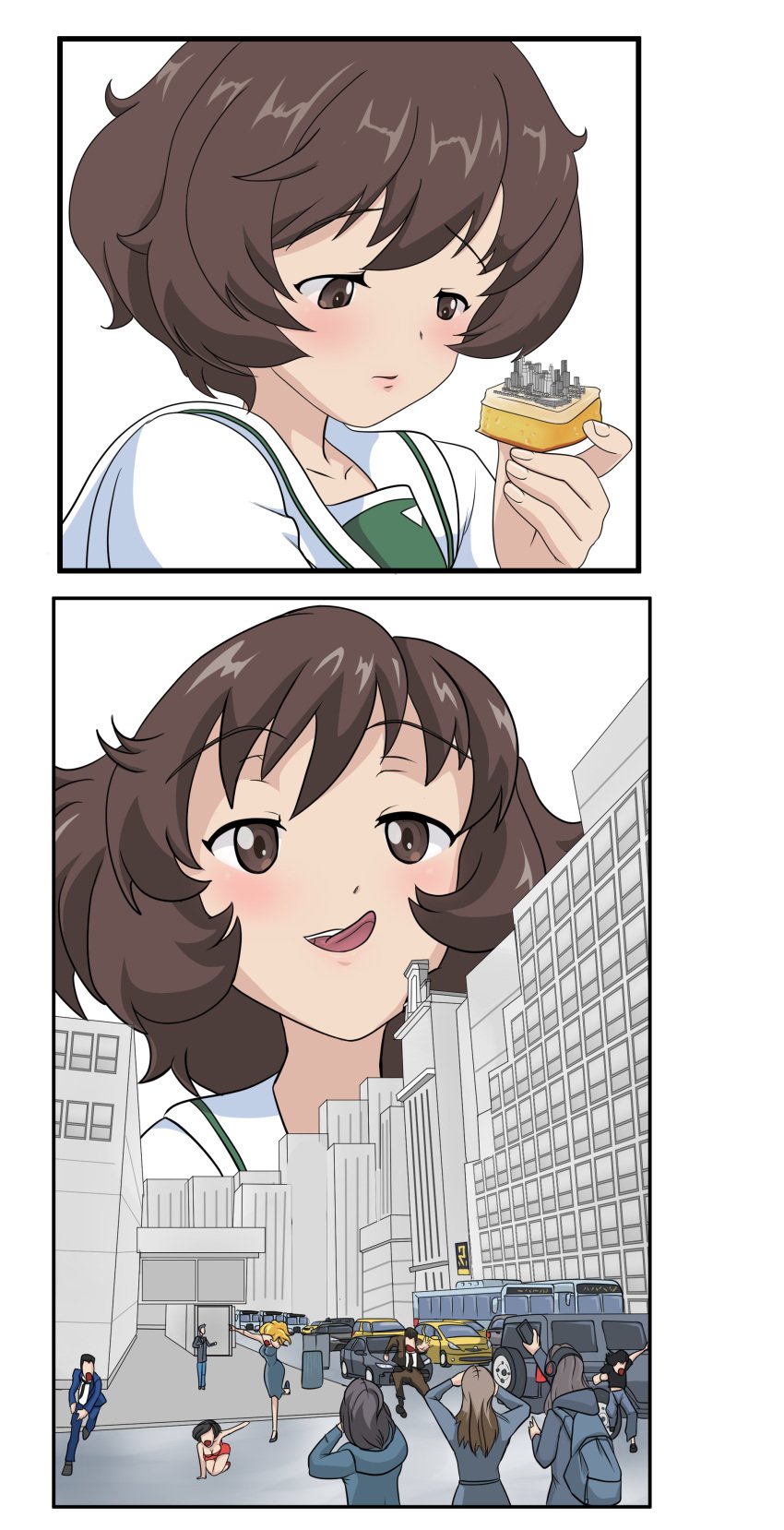 akiyama_yukari anime_style blush brown_eyes brown_hair buildings city cityscape comic cruel giantess girls_und_panzer hands holding hungry lostperras macrophilia manga perspective pixiv pov short_hair shrunk shrunken snack tongue tongue_out vore white_background