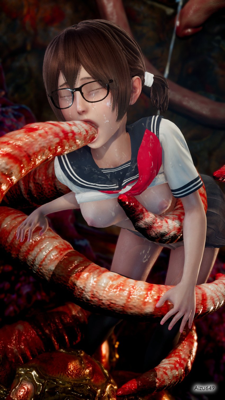 aizu649 ambiguous_penetration breasts brown_hair bukkake closed_eyes covered_penetration cum cum_on_face exposed_breasts glasses hive implied_penetration implied_sex lifted_shirt lifting_shirt medium_breasts oral pleated_skirt rape restrained school_uniform schoolgirl seifuku sex_under_clothes sex_under_skirt skirt slime small_breasts teenage_girl teenager tentacle tentacle_rape tentacle_sex tentacle_under_skirt tentacles_under_clothes thighhighs twintails younger_female