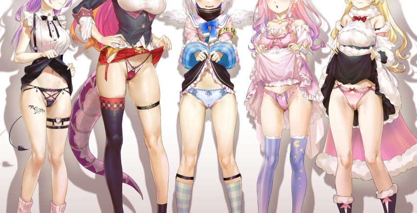 5girls absurdres amane_kanata asymmetrical_legwear bare_shoulders black_bow black_panties black_skirt black_thighhighs blonde_hair blue_panties blush boots bow bow_panties breasts cameltoe cleft_of_venus clothes_lift demon_girl demon_tail dress dress_lift feet_out_of_frame frilled_dress frilled_panties frills highres himemori_luna holoforce hololive hololive_japan kiryu_coco kuroi_suna large_breasts layered_dress leg_tattoo lifted_by_self lizard_tail long_hair medium_breasts medium_hair mismatched_legwear multiple_girls navel no_sleeves open_mouth panties pink_hair pink_panties purple_hair purple_thighhighs red_bow red_panties red_skirt short_hair short_sleeves side-tie_panties simple_background single_thighhigh size_difference skindentation skirt skirt_lift small_breasts smile socks standing striped striped_socks succubus tail tattoo thigh_strap thighhighs thighlet tokoyami_towa tsunomaki_watame underwear virtual_youtuber white_background white_hair wide_sleeves