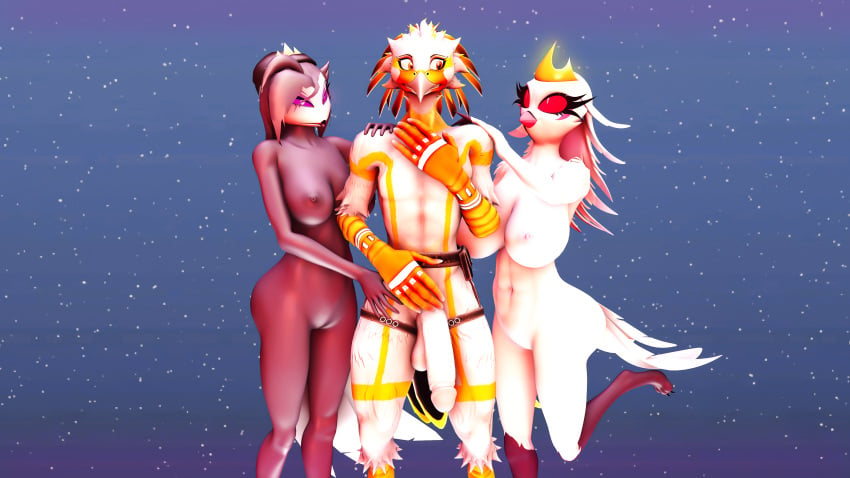 16:9 3d_(artwork) absurd_res ass avian big_breasts bird breasts clothing crown demon digital_media_(artwork) faraday_(warfaremachine) feathers female genitals gomifox group group_sex hair headgear headwear helluva_boss hi_res huge_breasts male nipples nude octavia_(helluva_boss) owl owl_demon penis pussy red_eyes sex simple_background smile source_filmmaker stella_(helluva_boss) threesome trio white_body widescreen